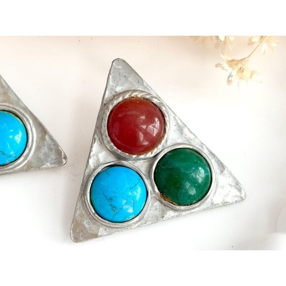 XL Hammered Pewter Turquoise & Coral Vintage Large Statement Earrings - Picture 3 of 10